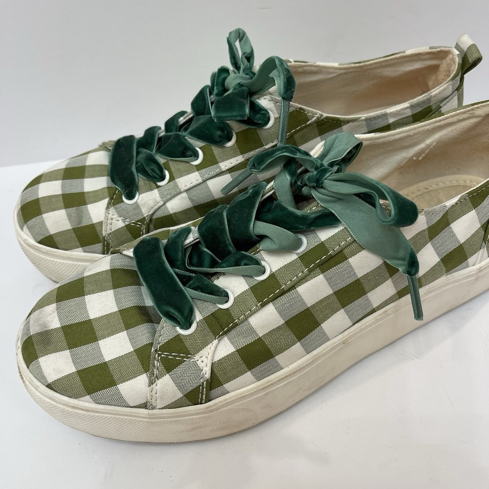 SODA women's Platform Sneaker Green White Checkered Velvet Laces Size 10